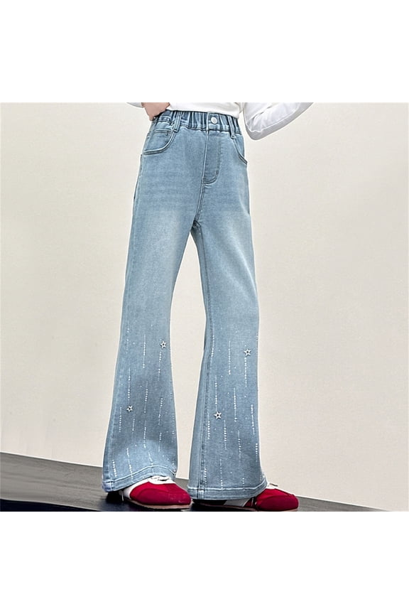 Girls Flare Jeans Front Shiny Rhinestone Five Point Star Decor Denim Pants Vintage Washed Distressed Multi Pockets Kids Long Trousers