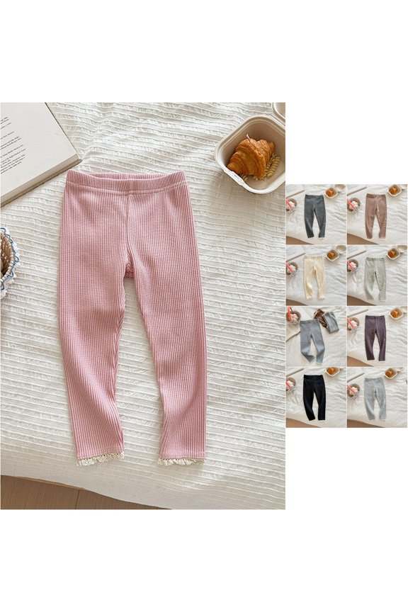 Girls Flare Pants 2026 Solid Color Stretchy Ribbed Leggings Ruffle Trim Bell Bottom Kids Casual Long Trousers Age 1-8 Years