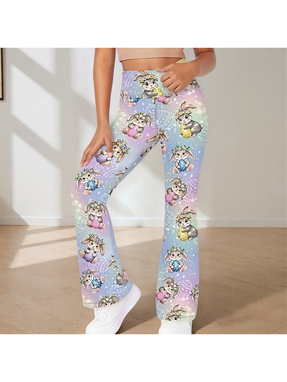 Girls Flare Pants Cute Cartoon Bunny Rabbit Print Slim Fit Active Slacks Stretchy Performance Bell Bottom Kids Long Trousers 1-14Y