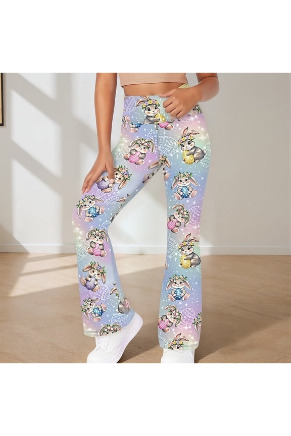 Girls Flare Pants Cute Cartoon Bunny Rabbit Print Slim Fit Active Slacks Stretchy Performance Bell Bottom Kids Long Trousers 1-14Y