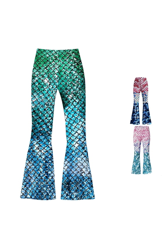 Girls Flare Pants Cute Fish Scale Pattern Printed Bell Bottom Slacks Soft Stretchy Performance Kids Long Trousers Age 3-14Y