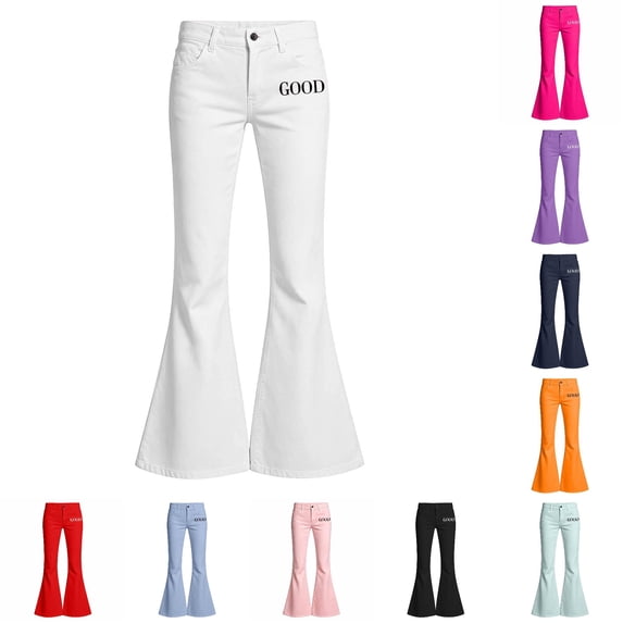 Trendfront Girls Flare Pants Good Letter Graphic Button Waist Belt Loops Pocket Detail Casual Bell Bottoms