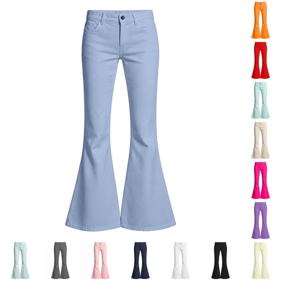 Trendfront Girls Flare Pants Mid Rise Button Zip Fly Belt Loops Front Pockets Full Length Trendy Casual Back To School Bottoms