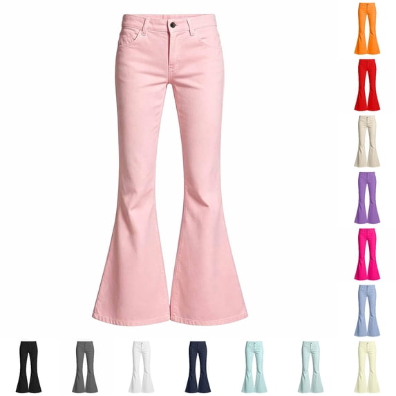 Trendfront Girls Flare Pants Mid Rise Button Zip Fly Belt Loops Front Pockets Full Length Trendy Casual Back To School Bottoms
