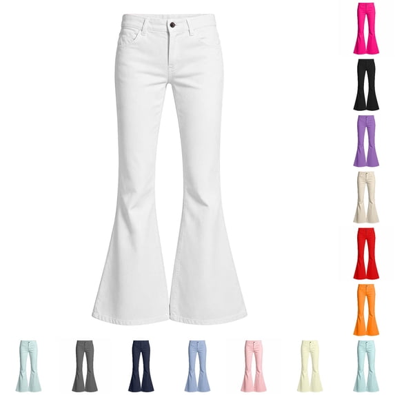 Trendfront Girls Flare Pants Mid Rise Button Zip Fly Belt Loops Front Pockets Full Length Trendy Casual Back To School Bottoms