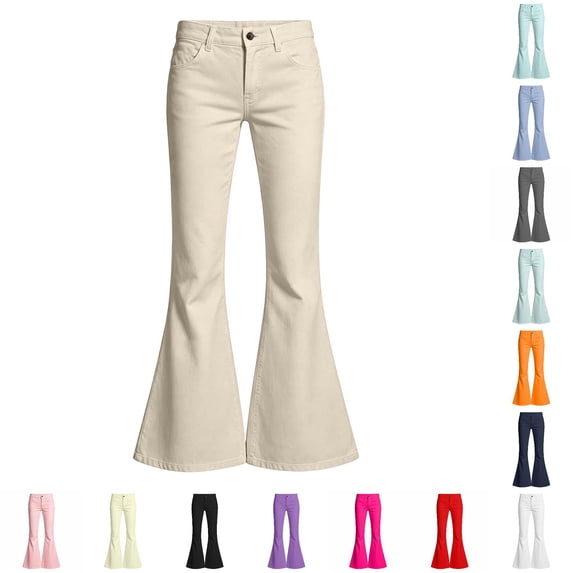 Trendfront Girls Flare Pants Mid Rise Button Zip Fly Belt Loops Front Pockets Full Length Trendy Casual Back To School Bottoms