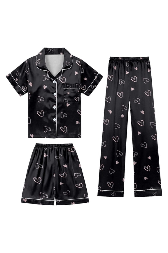Girls Floral Graphic Outfit Set Notch Neck Short Sleeve Top Summer 3 Piece Matching Shorts Bundle Kids Ages 3-13Y Trendy Home Wear Set Clothes Set