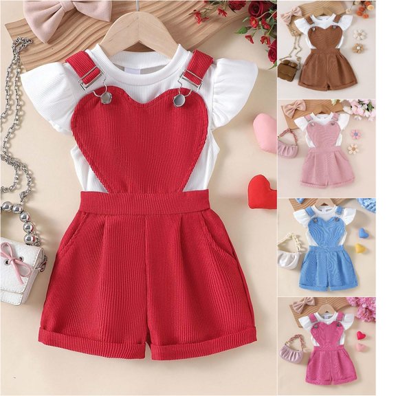 Trendfront Girls Flutter Sleeve Outfit Set Crew Neck Short Sleeve Top Summer 2 Piece Casual Fashion Suspender Set for Girls 2-7 Years Clothes Set