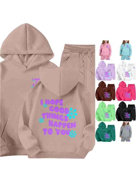 Girls Funny Letter Art Print Clothing Sets Long Sleeve 2 Piece Suit Hoodie & Sweatpants Thic Active Sports Fall Winter Outfits