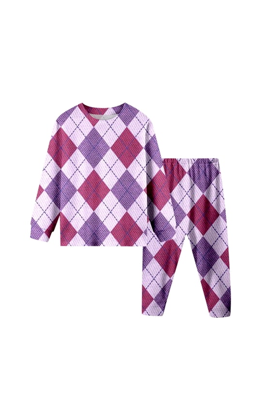 Girls Geometric Grid Print Fleece Clothing Sets Long Sleeve 2 Piece Suit Crewneck Sweatshirt & Pants Thic Comfort Fall Winter Outfits