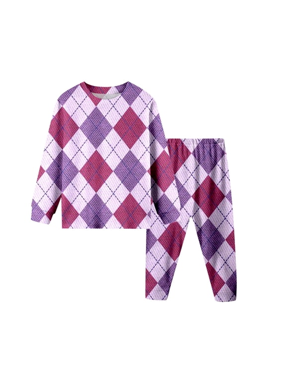 Girls Geometric Grid Print Clothing Sets Long Sleeve 2 Piece Suit Crewneck Sweatshirt & Pants Thic Comfort Fall Winter Outfits