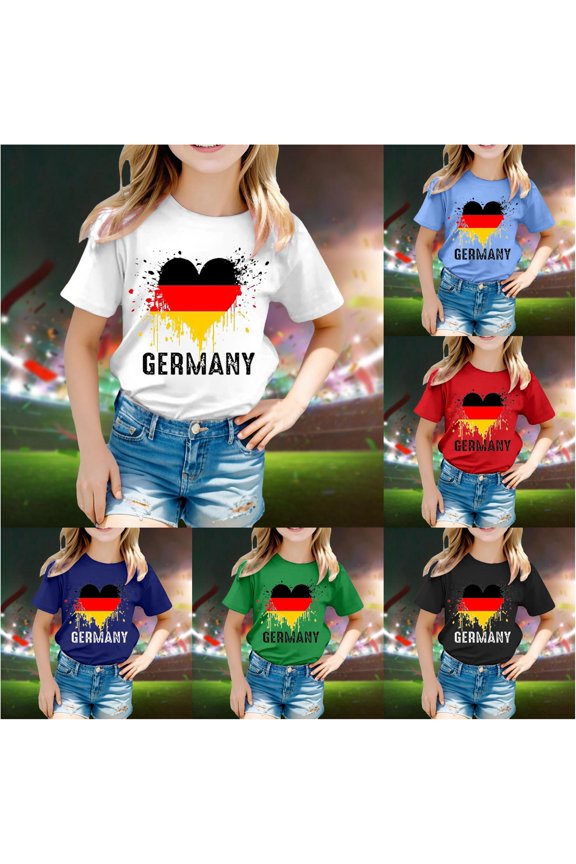 Girls Germany Flag Tee Heart Graphic Crewneck Short Sleeve National Pride Casual Blouse Soccer Fan Pullover Top