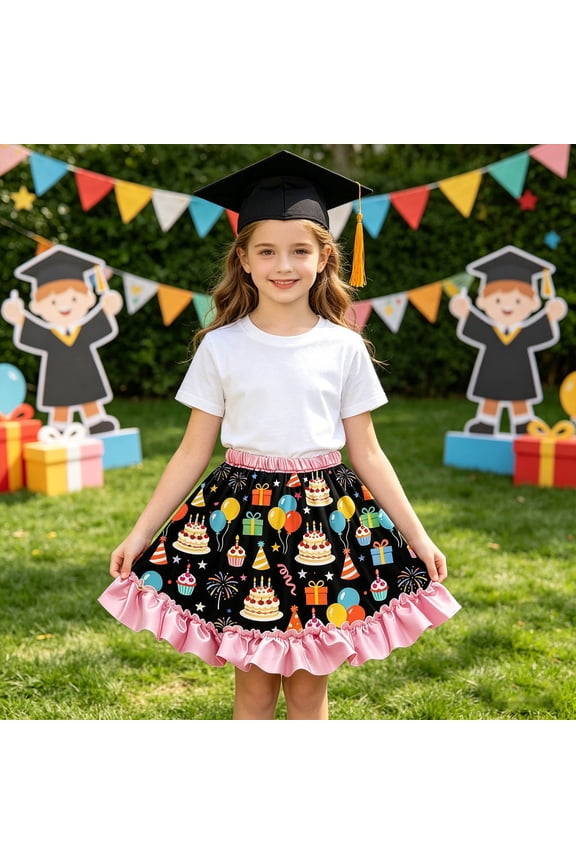 Girls Graduation Cake Dress Crew Neck Short Sleeve Pattern Print Puffy Party Performance Princess Gown for Girls