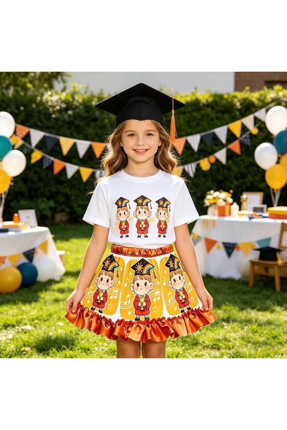 Girls Graduation Dress Crew Neck Short Sleeve Trophy Pattern Print Puffy Party Gown Performance Tulle Wear