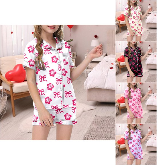 Trendfront Girls Graphic Print Outfit Set Notch Neck Short Sleeve Top Summer 2 Piece Daily Casual Outfit Kids Wear 2T-7T Clothes Set