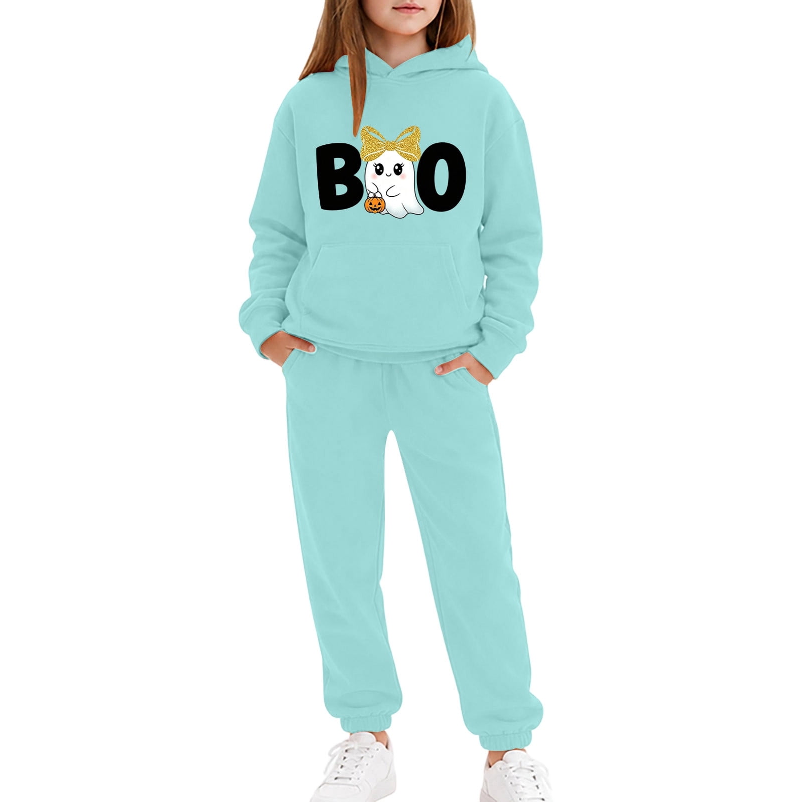 Trendfront Girls Halloween Matching Sets Boo Ghost Bow Graphic Hooded ...