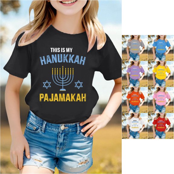 Trendfront Girls Hanukkah Festival Tops Happy Hanukkah Jewish Holiday Character Pattern Print Casual Crewneck Short Sleeve Tee Celebration Gathering Clothing T-Shirt