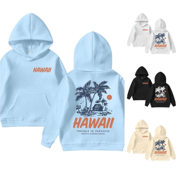 Trendfront Girls Hawaii Palm Tree Letter Graphic Hoodies Long Sleeve Kangaroo Pocket Fall Winter School Sweatshirt Tops