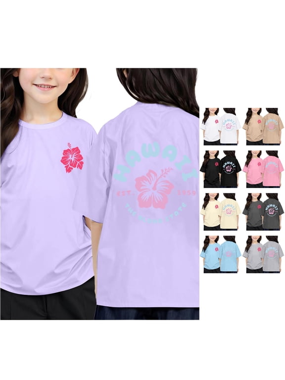 Girls Hawaii Tropical T Shirt Aloha State Hibiscus Flower Print Crewneck Short Sleeve Tee Summer Beach Holiday Clothes Kids Casual Vacation Top