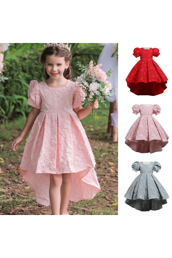 Girls Hi-Lo Jacquard Dress for Girls Crewneck Puff Short Sleeve High-Low Hem Fluffy Tutu Pageant Hosting Performance Gown