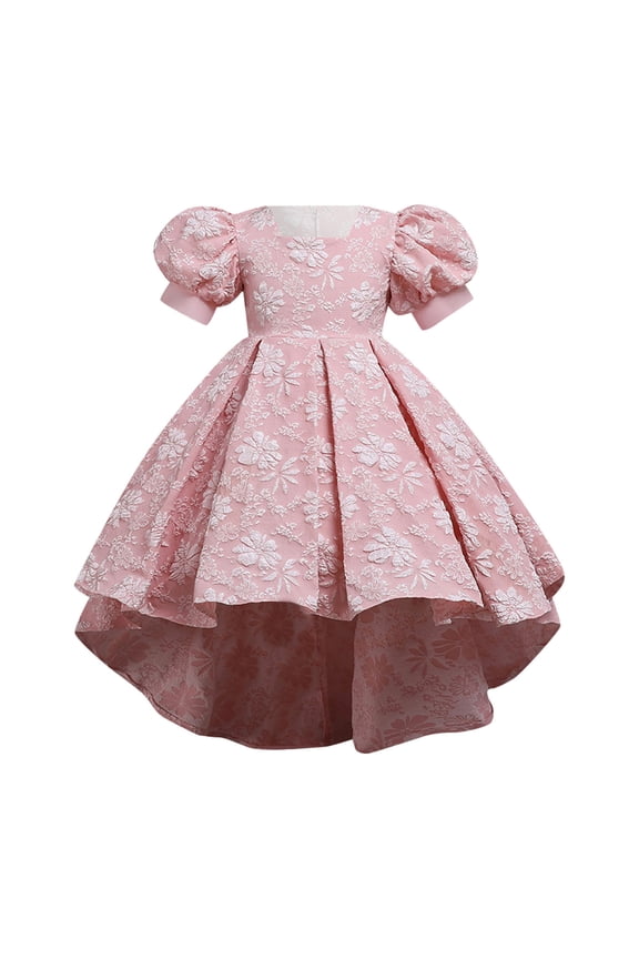 Girls Hi-Lo Jacquard Dress for Girls Crewneck Puff Short Sleeve High-Low Hem Fluffy Tutu Pageant Hosting Performance Gown