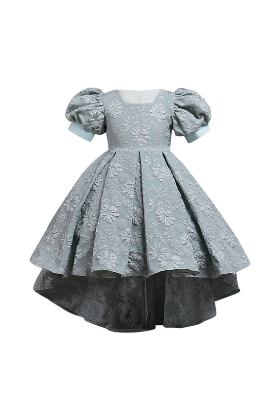 Girls Hi-Lo Jacquard Dress for Girls Crewneck Puff Short Sleeve High-Low Hem Fluffy Tutu Pageant Hosting Performance Gown