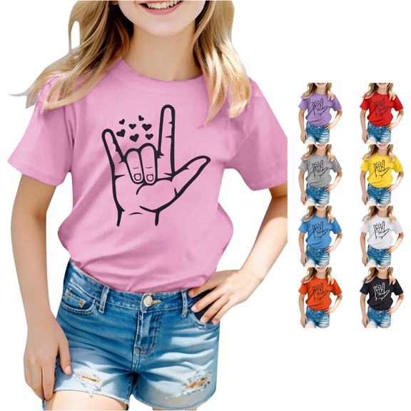 Trendfront Girls I Love You T Shirts Short Sleeve Crewneck ASL Sign Language Graphic Tee Kids Hearts Minimalist Line Art Tops Pullover Clothing