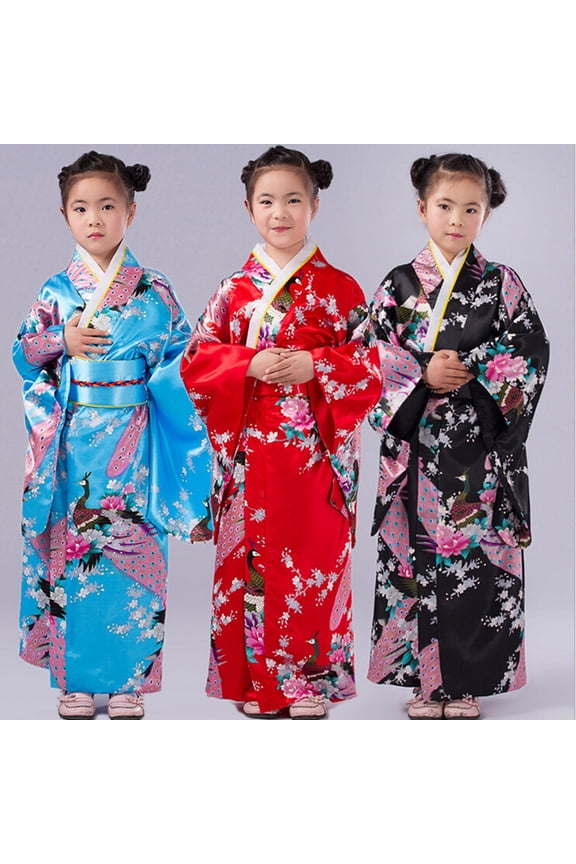 Girls Japanese Kimono Dress Maxi Short Sleeve V-Neck Toddler Traditional Peacock Floral Print Robe Performance Wear for 4-10 Years