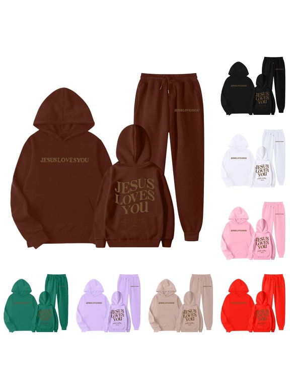 Girls Jesus Loves You Christian Clothing Sets Long Sleeve 2 Piece Suit Hooded Pullover & Active Sport Pants Fall Winter Outfits