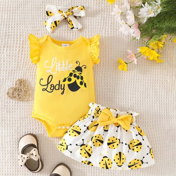 Trendfront Girls Ladybug Print Outfit Set Crew Neck Short Sleeve Top Summer 3 Piece With Skirt And Headband Bundle Infant Ages 0-18M Holiday Set Clothes Set