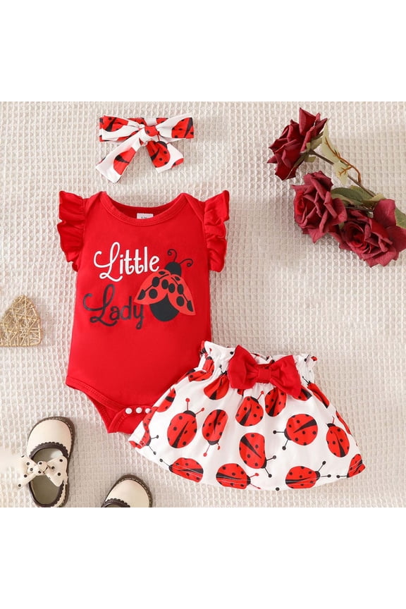 Girls Ladybug Print Outfit Set Crew Neck Short Sleeve Top Summer 3 Piece With Skirt And Headband Bundle Infant Ages 0-18M Holiday Set Clothes Set