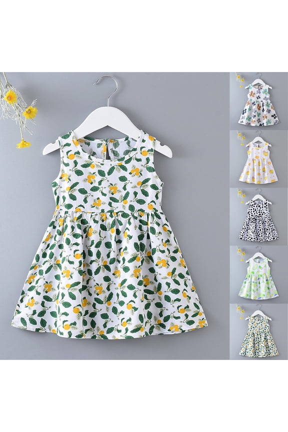Girls Lemon Fruit Print Dress Mid-Length Sleeveless Crew Neck Toddler Floral Casual Summer Beach Sundress Outfits