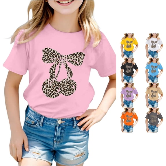 Trendfront Girls Leopard Bow T Shirt Graphic Crewneck Short Sleeves Casual Everyday School Tee Top Shirt