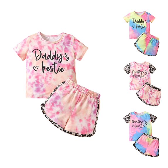 Trendfront Girls Letter Graphic Print Outfit Set Crew Neck Short Sleeve Top Summer 2 Piece Everyday Fashion Casual Kids Wear 2T-7T Clothes Set