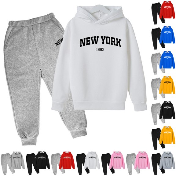Trendfront Girls Letter Graphic Print Outfit Set Hooded Long Sleeve Top Summer 2 Piece Daily Casual Outfit Kids Wear 2T-7T Clothes Set
