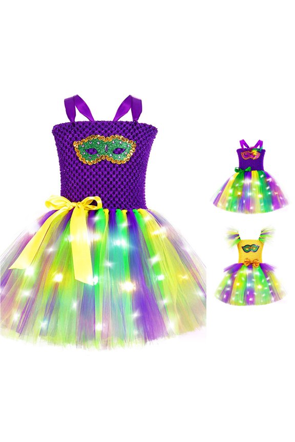 Girls Light Up Masquerade Mask Tutu Dresses LED Glowing Square Neck Festival Princess Costumes Birthday Party Performance Dance Outfits