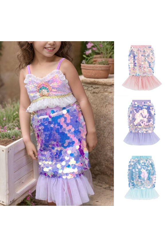 Girls Skater Dress Mini Sleeveless Elastic Waist Sequin Glitz Mesh Ruffle Fishtail Border Dance Performance