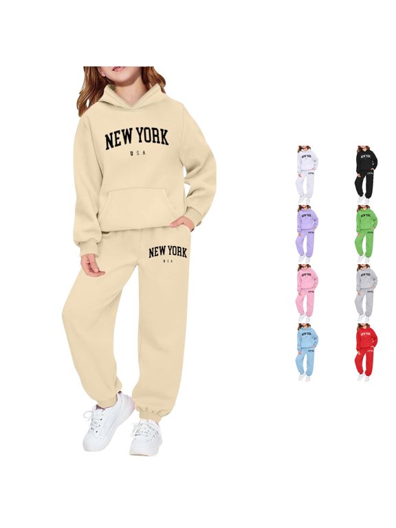 Girls New York USA Active Letter Clothing Sets Long Sleeve 2 Piece Suit Hooded Pullover & Active Jogger Pants Fall Winter Outfits