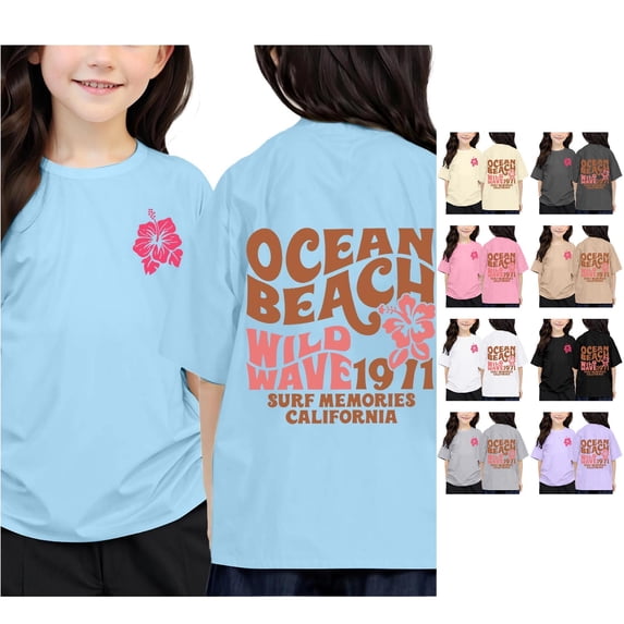 Trendfront Girls Ocean Beach T Shirt California Surf Floral Back Print Short Sleeve Crew Neck Summer Vacation Graphic Tees