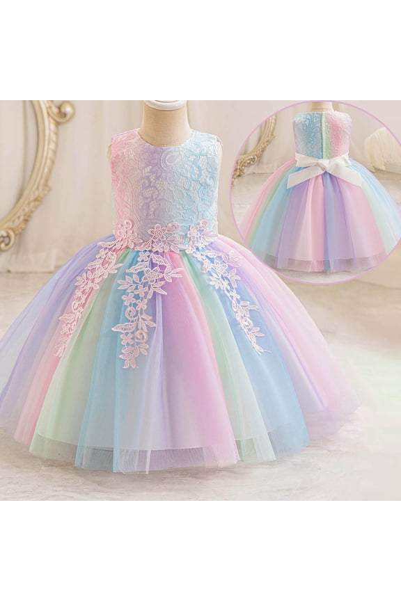 Girls Pageant Dress Crew Neck Sleeveless Multicolor Rainbow Tiered Mesh Tulle Tutu Stage Performance Party Gown