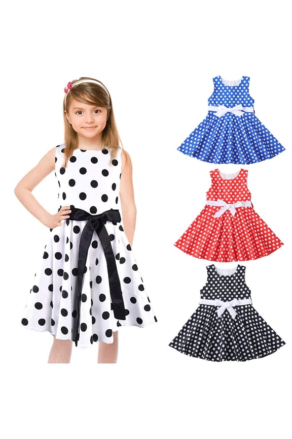 Girls Polka Dot Dress for Girls 2-12 Years Crewneck Sleeveless Retro Vintage Pattern Printed Princess Birthday Party Gown