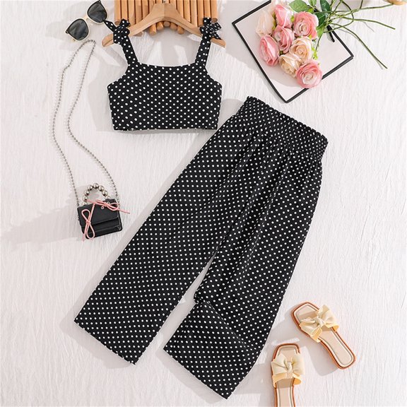 Trendfront Girls Polka Dot Outfit Set Notch Neck Sleeveless Top Summer 2 Piece Casual Trendy High Waist Pants Set for Girls Fashion Daily Style Clothes Set