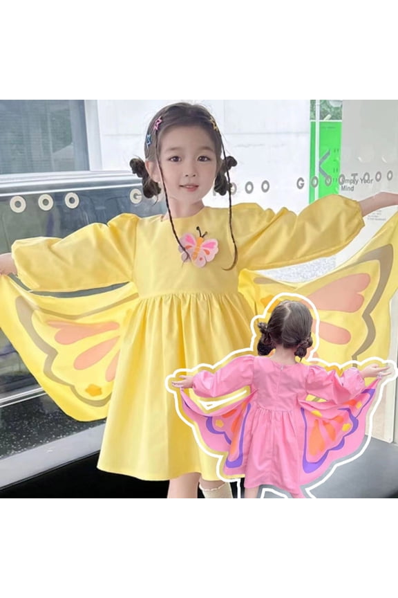 Girls Princess Dress Crew Neck Long Sleeve Beautiful Butterfly Wing Pattern Print Cute Summer Casual Gown
