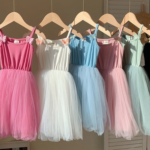 Trendfront Girls Princess Dress Crew Neck Sleeveless Solid Color 3D Butterfly Mesh Tulle Tutu Cami Strap Beach Sundress Wear