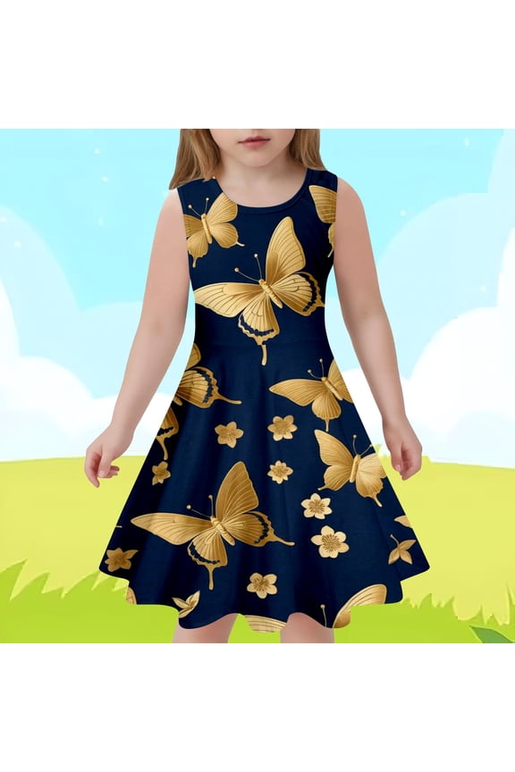 Girls Print Dress Crew Neck Short Sleeve Flying Butterfly Pattern Printed Slim Fit Cotton Summer Casual Gown