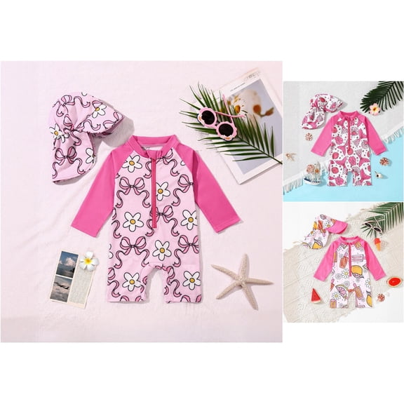Trendfront Girls Print Long Sleeve One-Piece Swimsuit Rash Guard Bathing Suit Summer Beach Water Park Holiday Pool Surfing Outfit