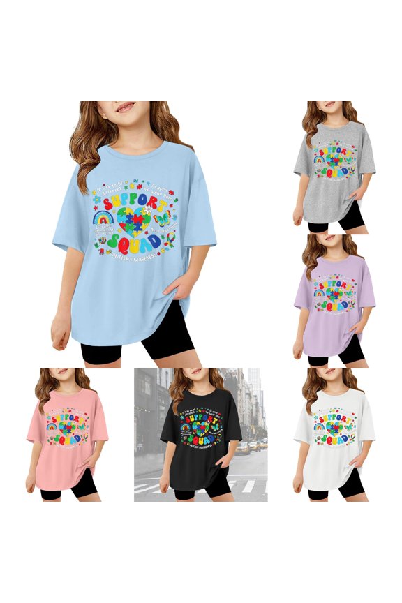 Girls Puzzle Heart Autism Awareness Tee Crewneck Short Sleeve Supportive Graphic Shirt Positive Inclusion T-Shirt Everyday Blouse