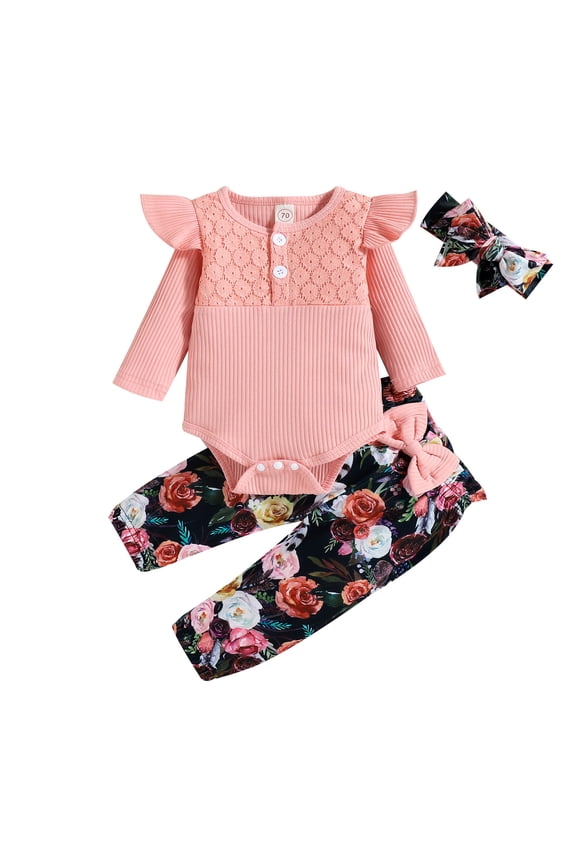 Girls Ribbed Button Front Flutter Clothing Sets Long Sleeve 3 Piece Suit Romper Floral Print Pants & Headband Fall Winter Outfits