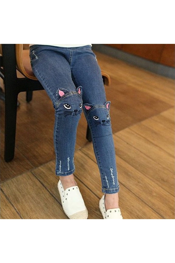 Girls Ripped Jeans Cute Cat Graphic Printed Denim Pants Distressed Stretchy Multi Pockets Kids Trousers Clothes