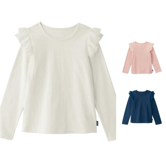 Trendfront Girls Ruffle Shoulder T Shirt Round Neck Long Sleeves Solid Color Casual Everyday School Top